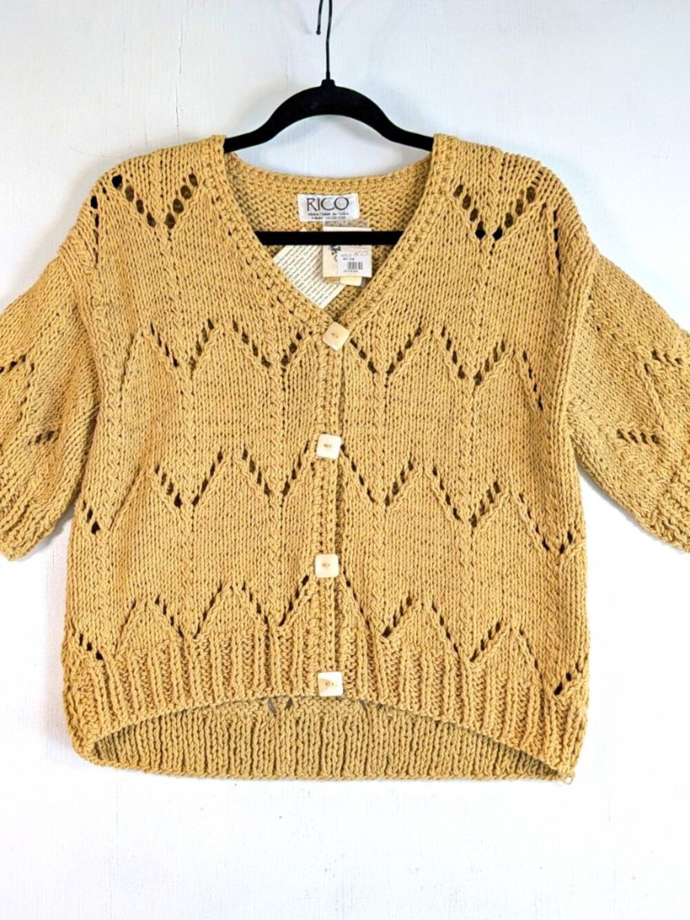 Vintage NWT Chunky Hand Knit Cardigan Sweater Chevron Open Knit Gold OS RICO